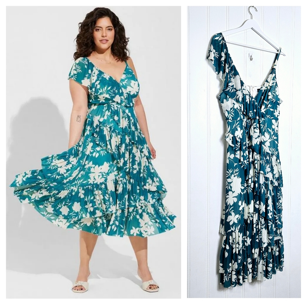 Torrid Shadow Floral One Shoulder Midi Dress 1X NWT Mesh Ruffle Fit Flare